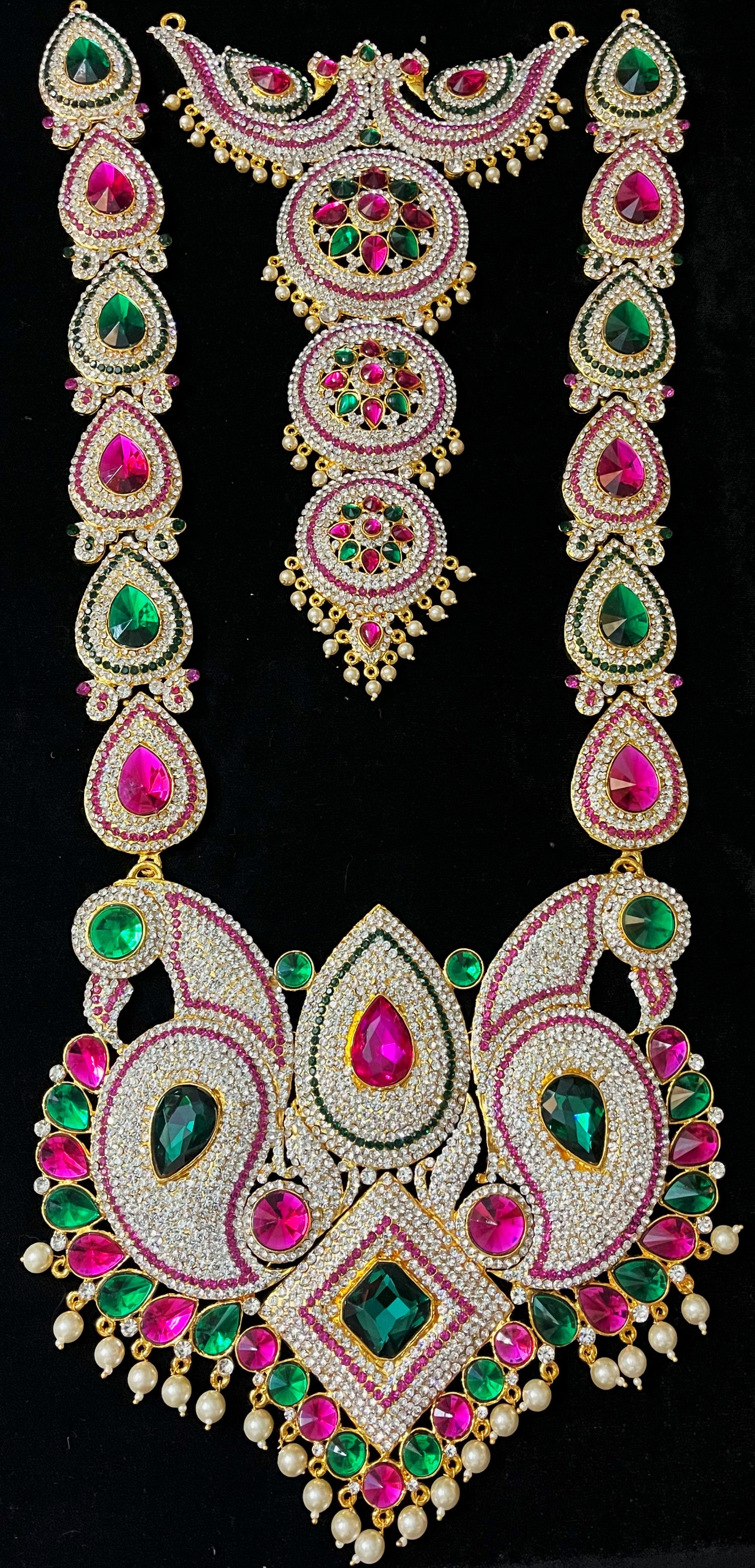Multi-Layer Temple Haram – Royal Grand Alankaram - Pink, white & green stones on South Indian Stones metal alloy - Length: 24 inches 1