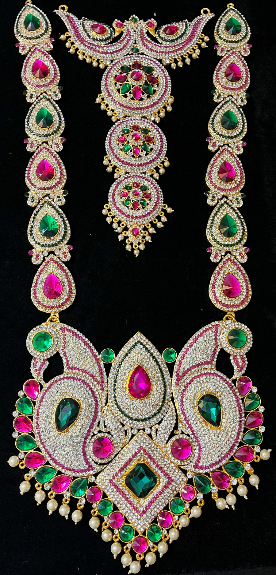 Multi-Layer Temple Haram – Royal Grand Alankaram - Pink, white & green stones on South Indian Stones metal alloy - Length: 24 inches