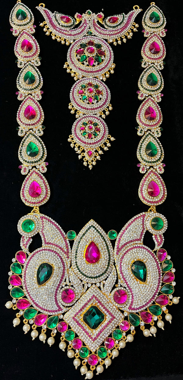 Multi-Layer Temple Haram – Royal Grand Alankaram - Pink, white & green stones on South Indian Stones metal alloy - Length: 24 inches