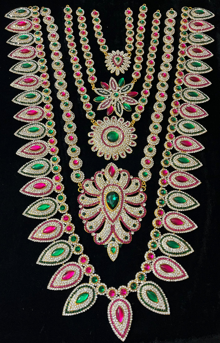 Multi-Layer Temple Haram – Royal Grand Alankaram - Pink, white & green stones on South Indian Stones metal alloy - Length: 25 inches