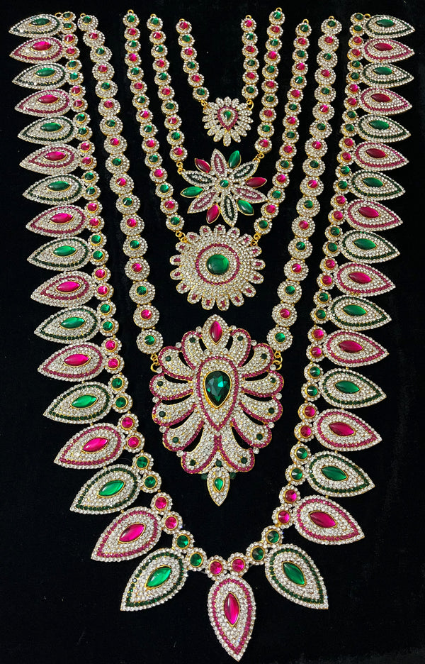 Multi-Layer Temple Haram – Royal Grand Alankaram - Pink, white & green stones on South Indian Stones metal alloy - Length: 25 inches