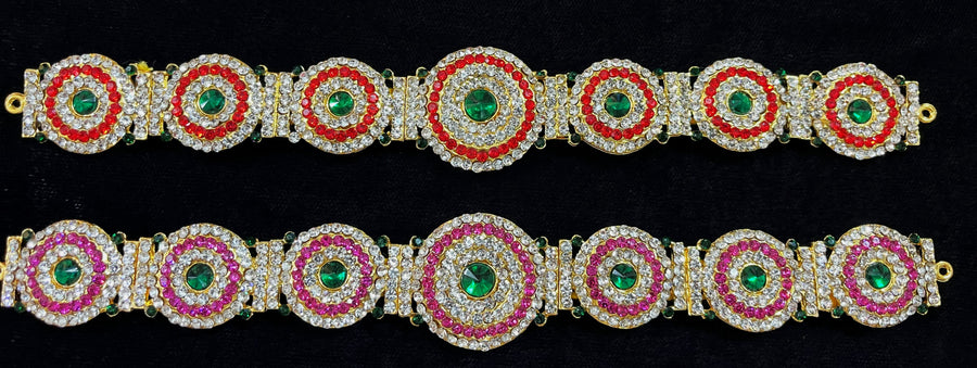 Temple Waist Belt (Oddiyanam) with Stone Work - Pink, white & green stones / Red, white & green stones on South Indian Stones metal alloy - Length: 9 inches