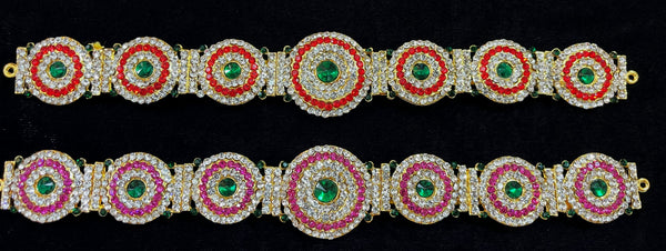 Temple Waist Belt (Oddiyanam) with Stone Work - Pink, white & green stones / Red, white & green stones on South Indian Stones metal alloy - Length: 9 inches