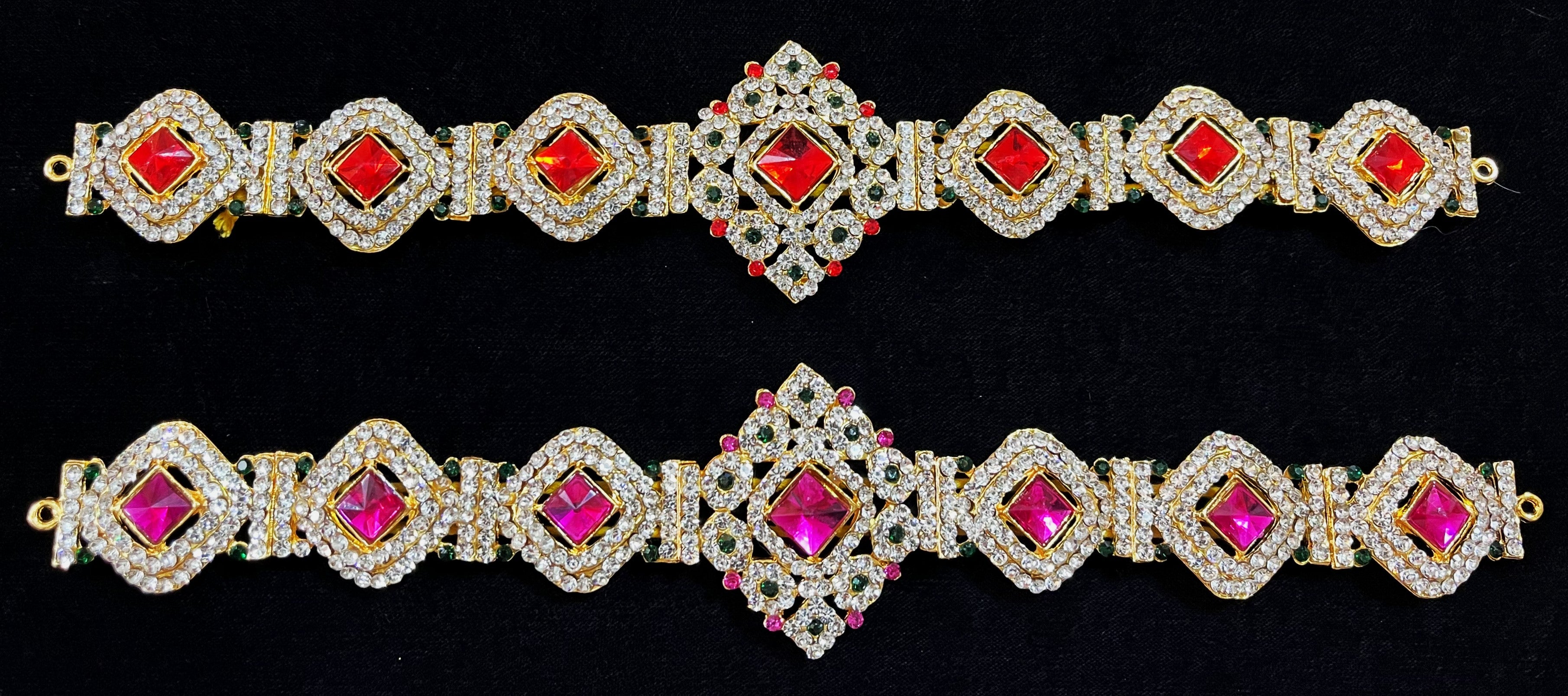 Temple Waist Belt (Oddiyanam) with Stone Work - Pink, white & green stones / Red, white & green stones on South Indian Stones metal alloy - Length: 10 inches 1
