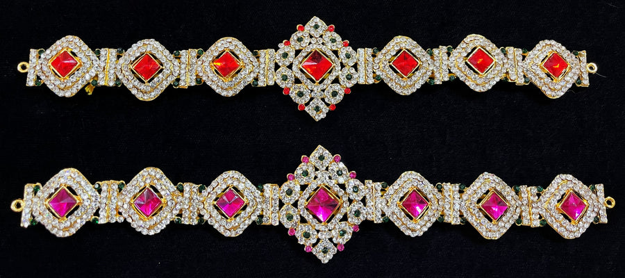Temple Waist Belt (Oddiyanam) with Stone Work - Pink, white & green stones / Red, white & green stones on South Indian Stones metal alloy - Length: 10 inches