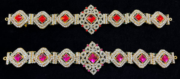 Temple Waist Belt (Oddiyanam) with Stone Work - Pink, white & green stones / Red, white & green stones on South Indian Stones metal alloy - Length: 10 inches