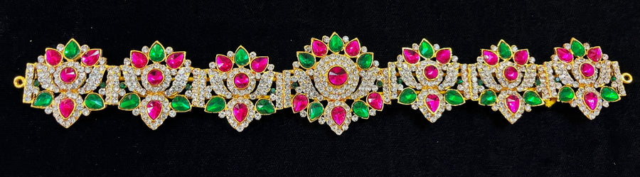 Temple Waist Belt (Oddiyanam) with Stone Work - Pink, white & green stones / Red, white & green stones on South Indian Stones metal alloy - Length: 11 inches