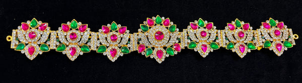 Temple Waist Belt (Oddiyanam) with Stone Work - Pink, white & green stones / Red, white & green stones on South Indian Stones metal alloy - Length: 11 inches