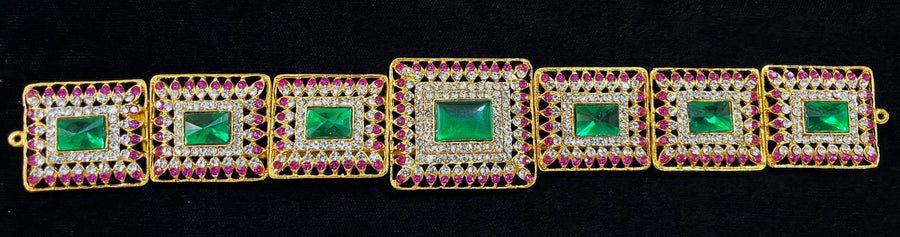 Temple Waist Belt (Oddiyanam) with Stone Work - Pink, white & green stones on South Indian Stones metal alloy - Length: 11 inches