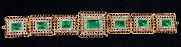Temple Waist Belt (Oddiyanam) with Stone Work - Pink, white & green stones on South Indian Stones metal alloy - Length: 11 inches