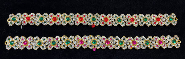 Temple Waist Belt (Oddiyanam) with Stone Work - Pink, white & green stones / Red, white & green stones on South Indian Stones metal alloy - Length: 11 inches