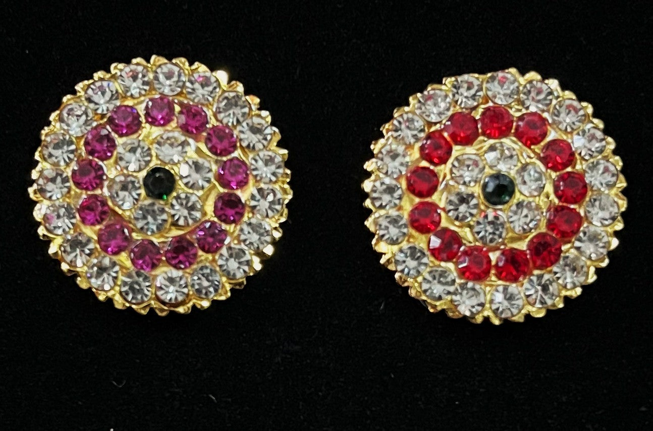 Temple Ear Studs – Minimal Divine Stone Earrings - Pink, white & green stones / Red, white & green stones on South Indian Stones metal alloy - Length: 2 cms 1