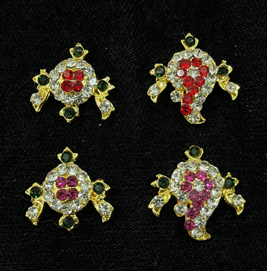 Shanku Chakra Ayudha Set – Lord Vishnu / Balaji Symbols - Pink, green and white / Red, white & green stones on South Indian Stones metal alloy - Length: 2 cms