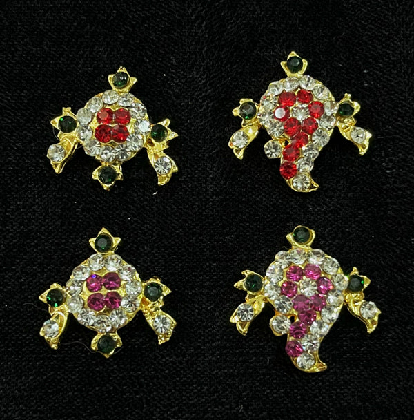 Shanku Chakra Ayudha Set – Lord Vishnu / Balaji Symbols - Pink, green and white / Red, white & green stones on South Indian Stones metal alloy - Length: 2 cms