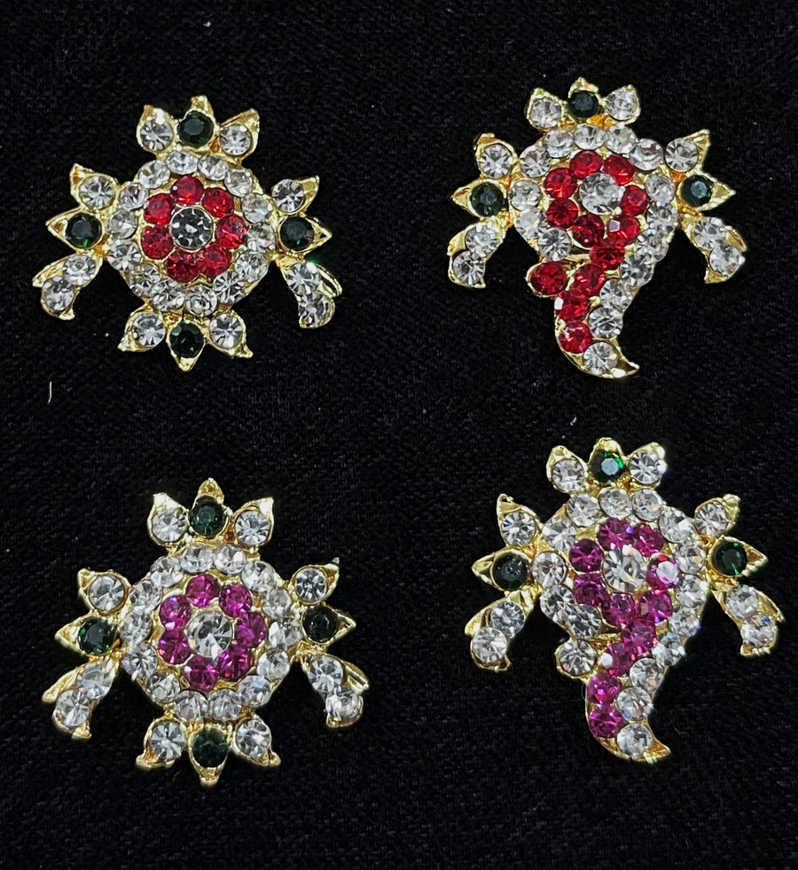 Shanku Chakra Ayudha Set – Lord Vishnu / Balaji Symbols - Pink, green and white / Red, white & green stones on South Indian Stones metal alloy - Length: 1 inch
