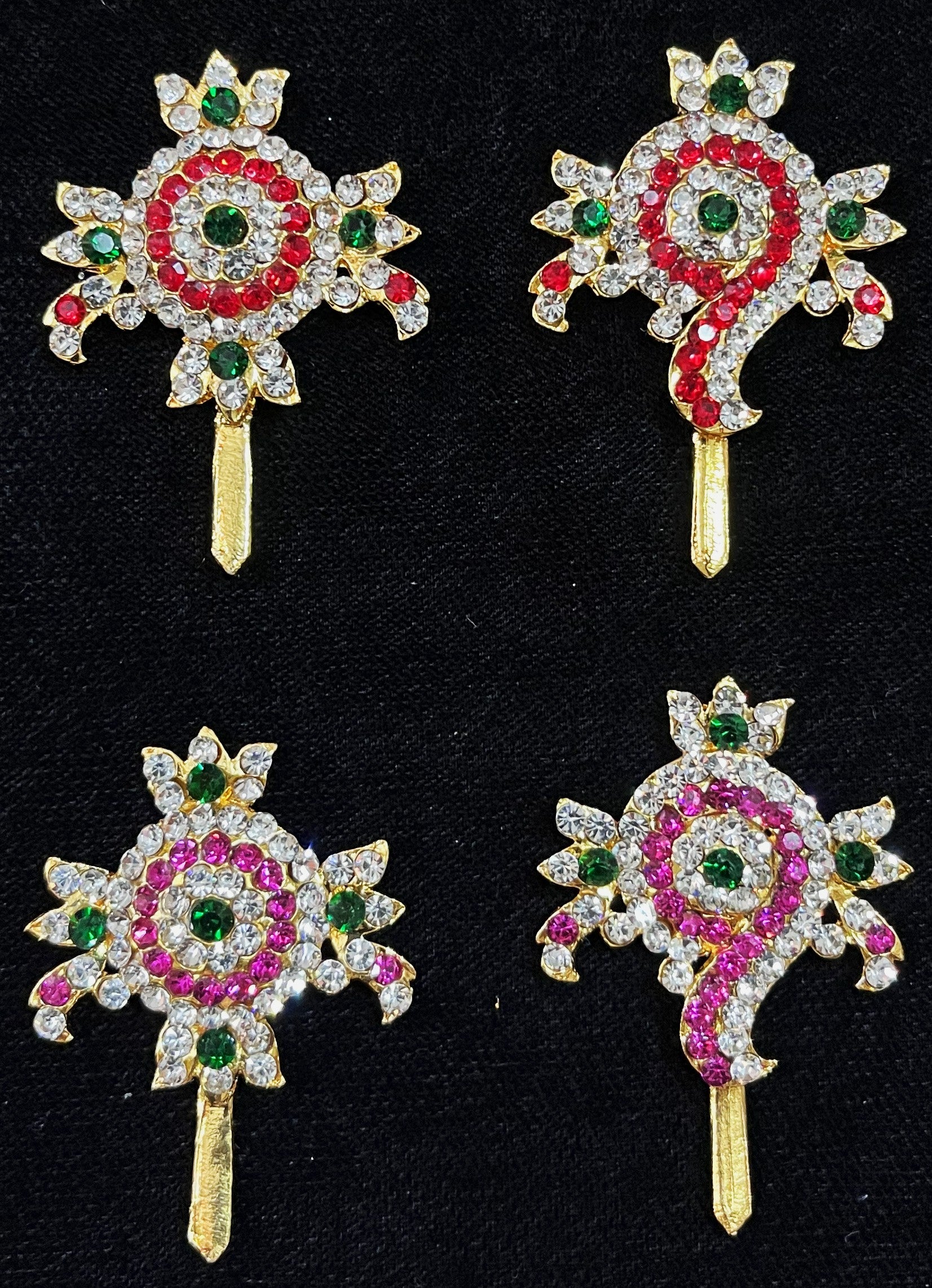 Shanku Chakra Ayudha Set – Lord Vishnu / Balaji Symbols - Pink, green and white / Red, white & green stones on South Indian Stones metal alloy - Length: 1.75 inches 1