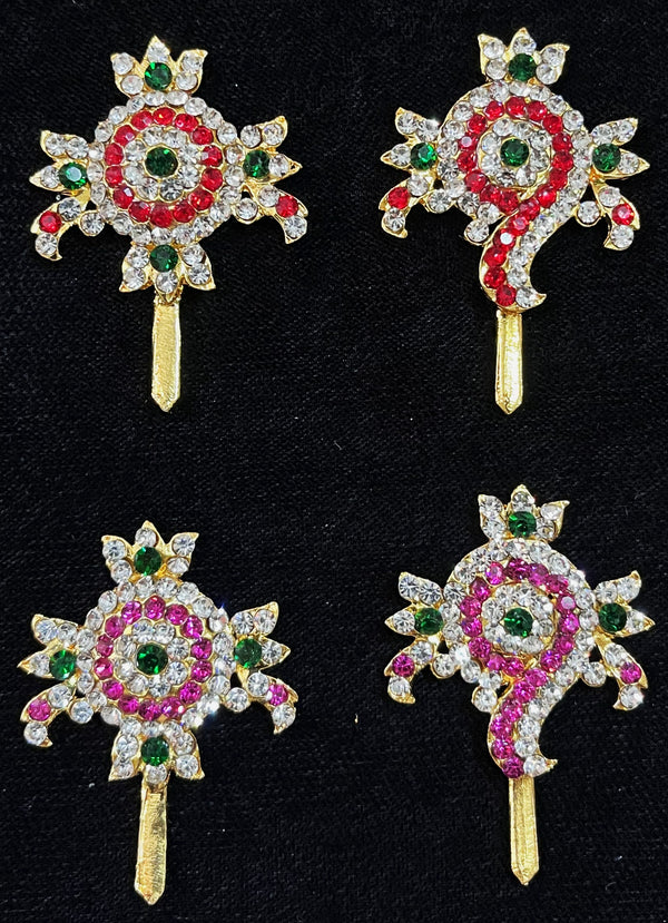 Shanku Chakra Ayudha Set – Lord Vishnu / Balaji Symbols - Pink, green and white / Red, white & green stones on South Indian Stones metal alloy - Length: 1.75 inches