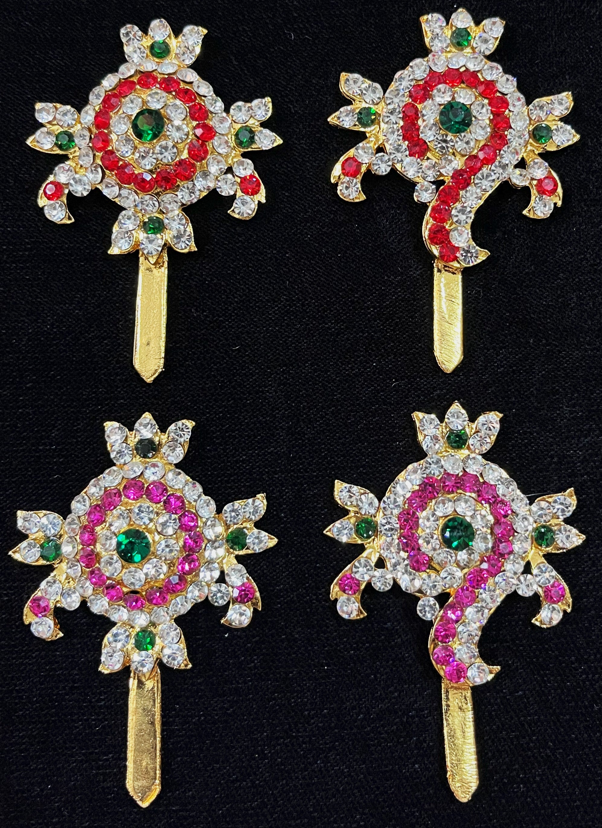 Shanku Chakra Ayudha Set – Lord Vishnu / Balaji Symbols - Pink, green and white / Red, white & green stones on South Indian Stones metal alloy - Length: 2.25 inches 1