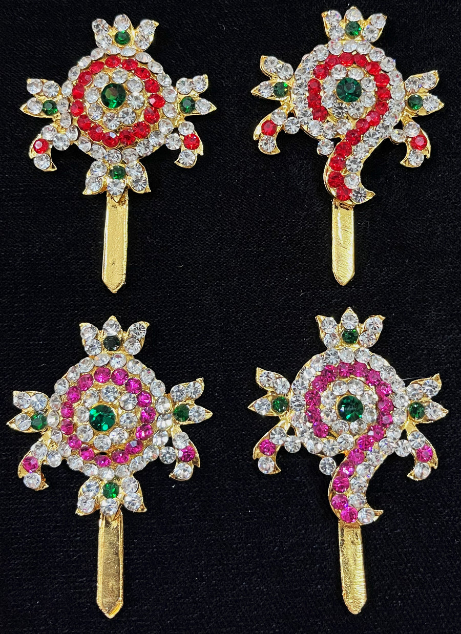 Shanku Chakra Ayudha Set – Lord Vishnu / Balaji Symbols - Pink, green and white / Red, white & green stones on South Indian Stones metal alloy - Length: 2.25 inches