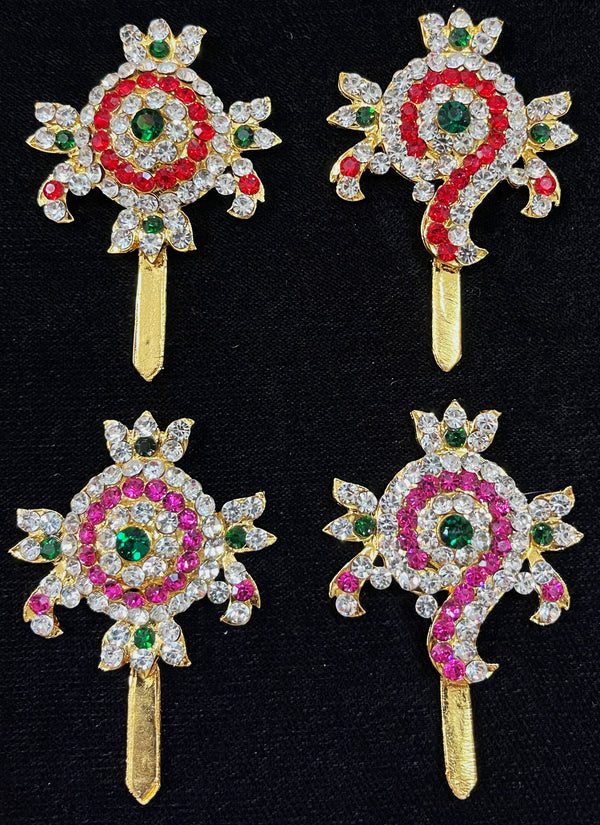 Shanku Chakra Ayudha Set – Lord Vishnu / Balaji Symbols - Pink, green and white / Red, white & green stones on South Indian Stones metal alloy - Length: 2.25 inches