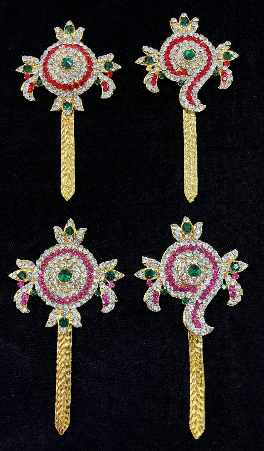 Shanku Chakra Ayudha Set – Lord Vishnu / Balaji Symbols - Pink, green and white / Red, white & green stones on South Indian Stones metal alloy - Length: 4 inches