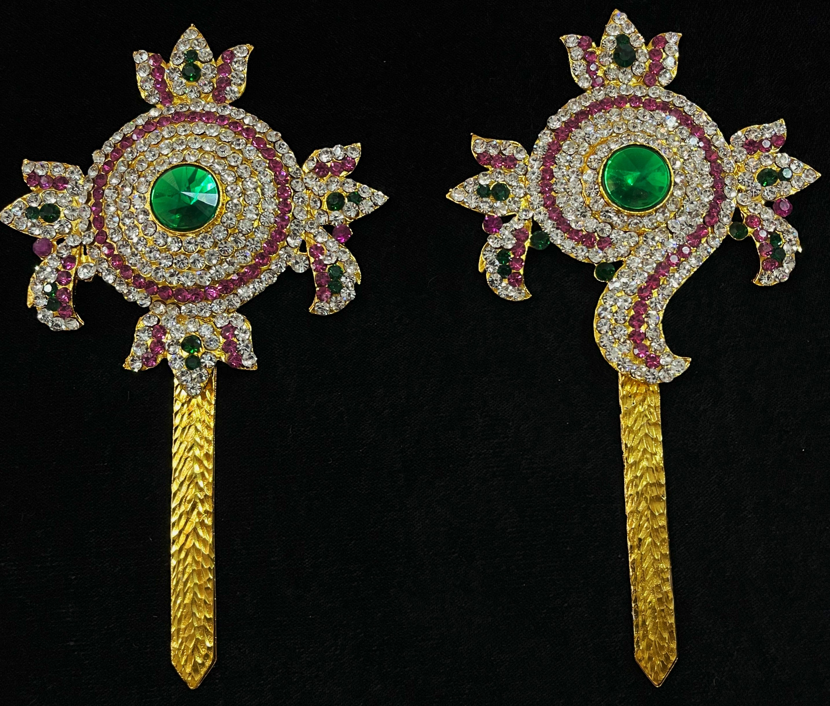 Shanku Chakra Ayudha Set – Lord Vishnu / Balaji Symbols - Pink, green and white stones on South Indian Stones metal alloy - Length: 5.5 inches 1
