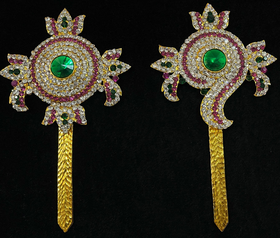 Shanku Chakra Ayudha Set – Lord Vishnu / Balaji Symbols - Pink, green and white stones on South Indian Stones metal alloy - Length: 5.5 inches