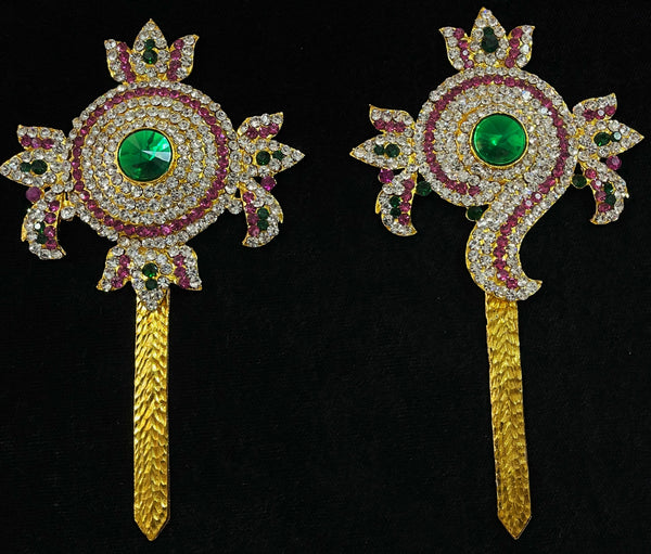 Shanku Chakra Ayudha Set – Lord Vishnu / Balaji Symbols - Pink, green and white stones on South Indian Stones metal alloy - Length: 5.5 inches