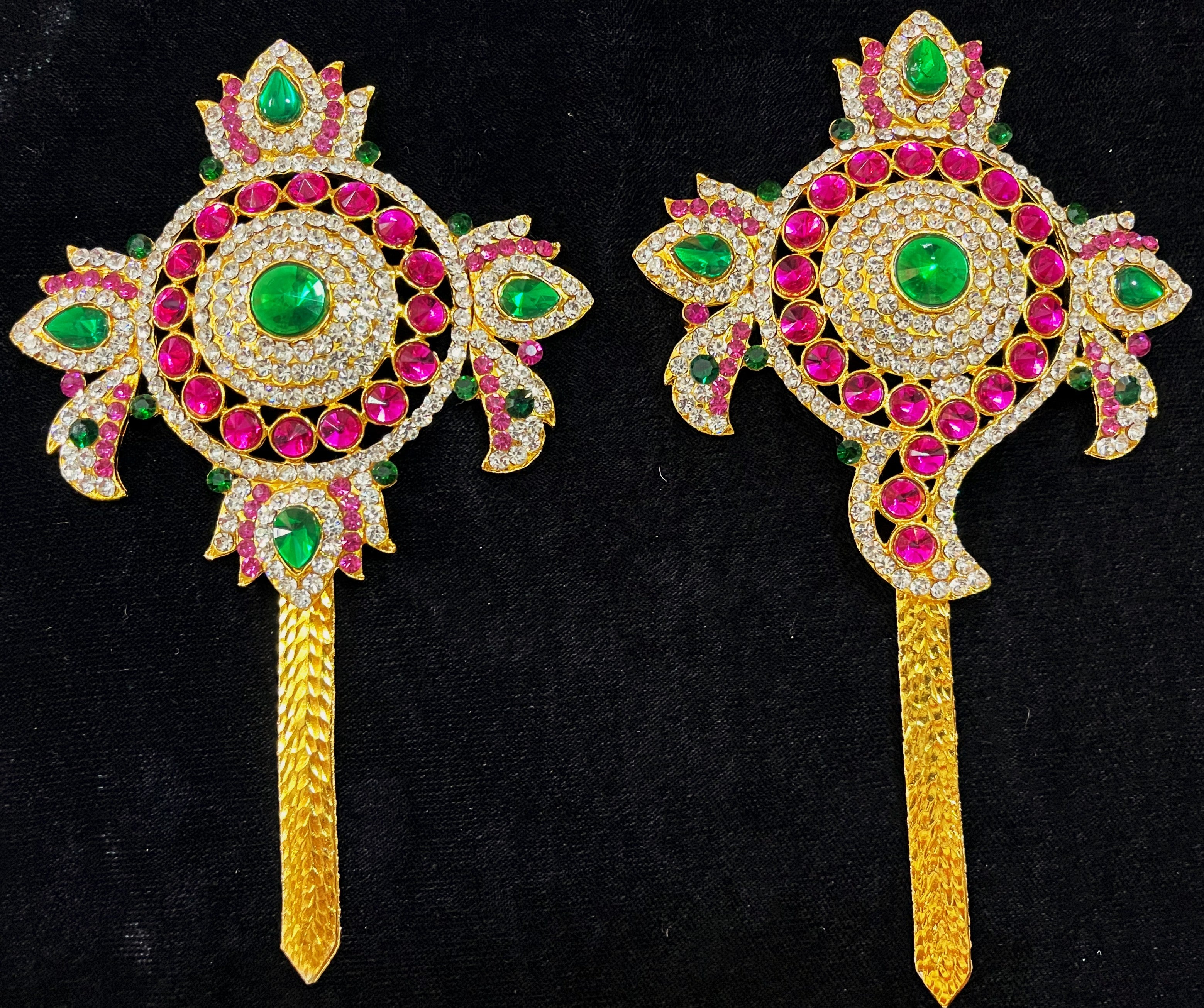 Shanku Chakra Ayudha Set – Lord Vishnu / Balaji Symbols - Pink, green and white stones on South Indian Stones metal alloy - Length: 6 inches 1