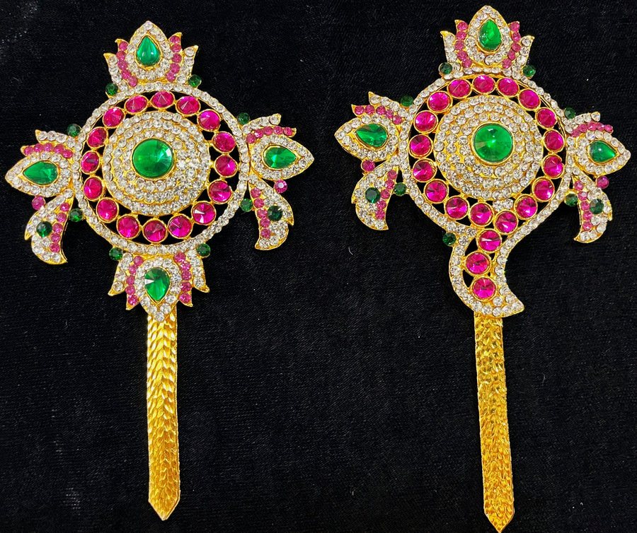 Shanku Chakra Ayudha Set – Lord Vishnu / Balaji Symbols - Pink, green and white stones on South Indian Stones metal alloy - Length: 6 inches