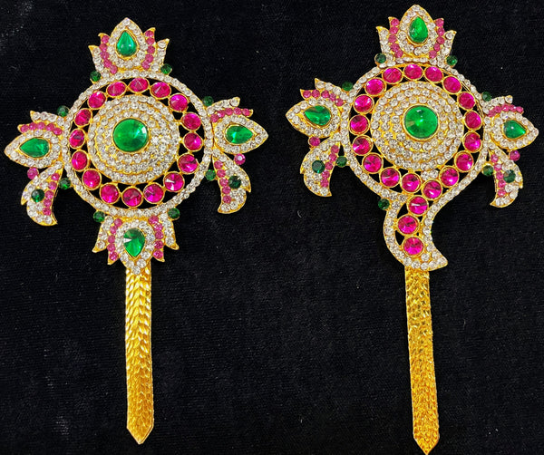 Shanku Chakra Ayudha Set – Lord Vishnu / Balaji Symbols - Pink, green and white stones on South Indian Stones metal alloy - Length: 6 inches