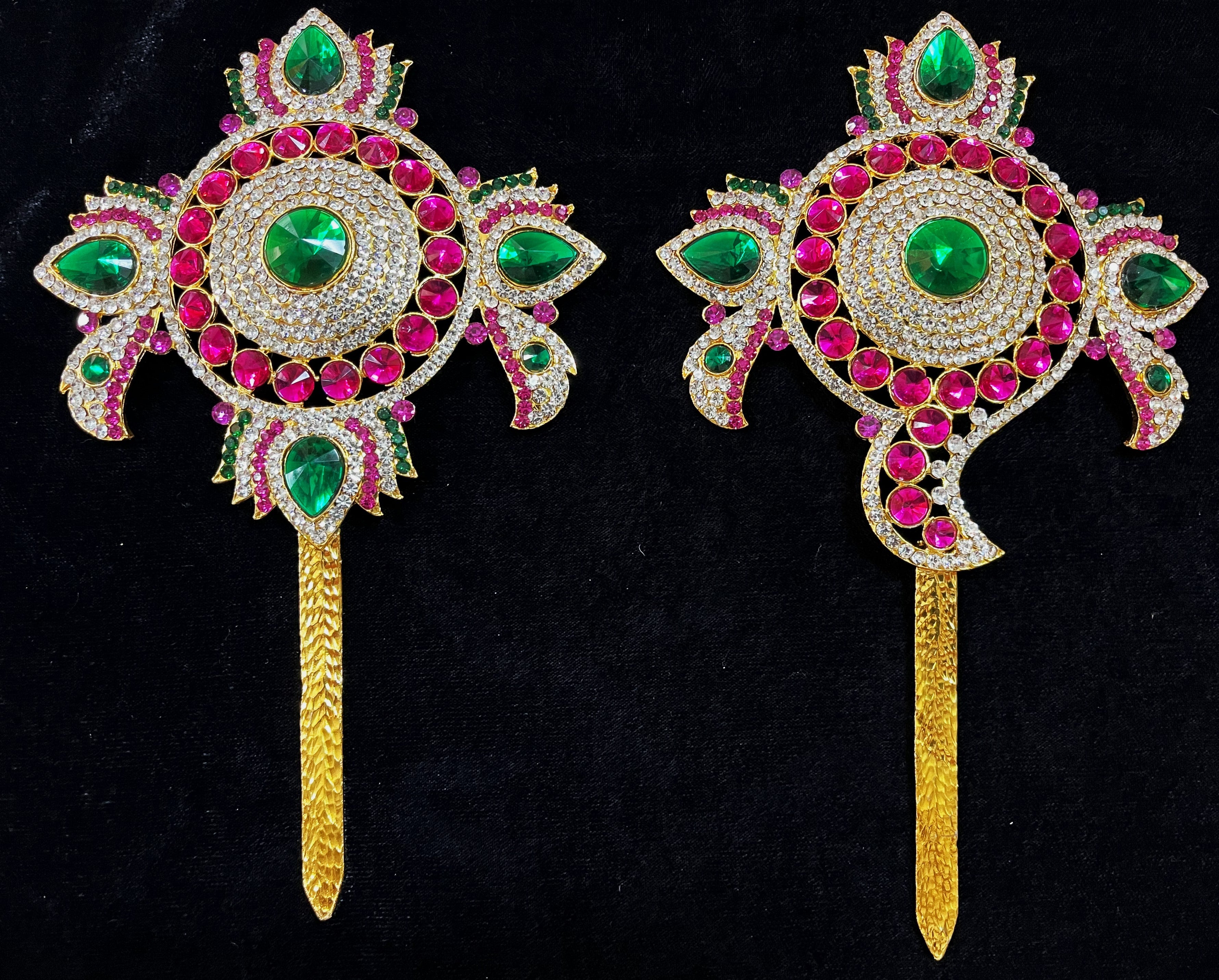 Shanku Chakra Ayudha Set – Lord Vishnu / Balaji Symbols - Pink, green and white stones on South Indian Stones metal alloy - Length: 8 inches 1