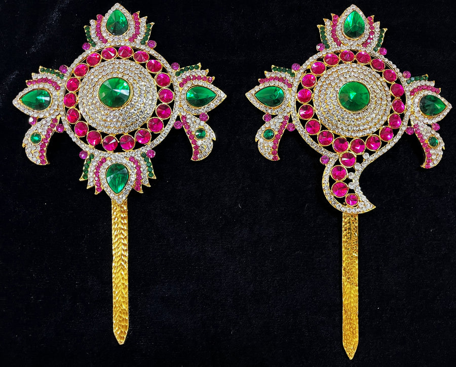 Shanku Chakra Ayudha Set – Lord Vishnu / Balaji Symbols - Pink, green and white stones on South Indian Stones metal alloy - Length: 8 inches