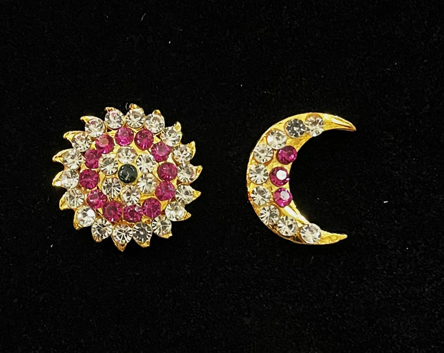 Surya Chandra Hair Ornament Set - White, Green & Pink stones on South Indian Stones metal alloy - Length: 2 cms