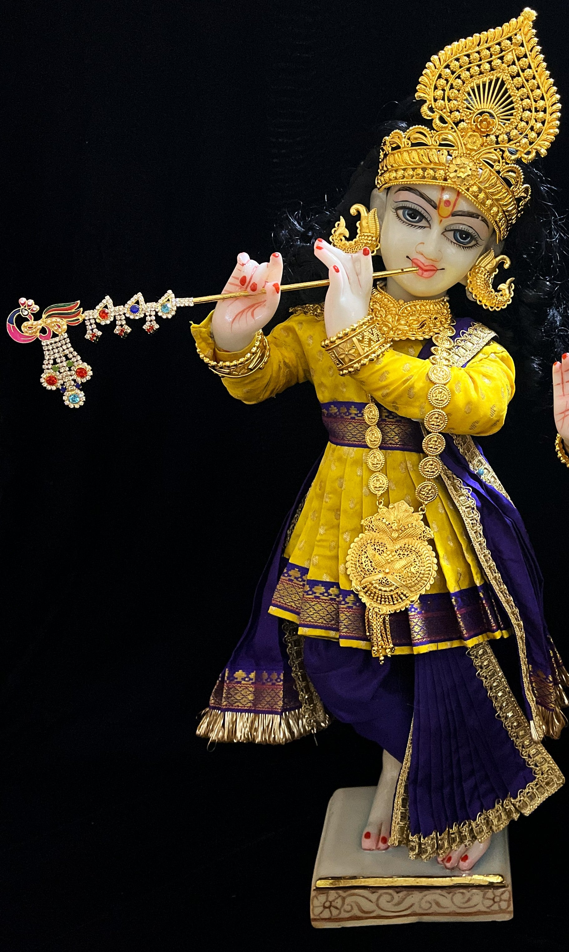 Angharkha dhoti  Patka/shalya, made of  Soft Silk with small butta Dhoti  (Pure Silk) - Yellow Pre stiched Angarkha with Dark Blue Contrast and Dhoti and  Patka 3