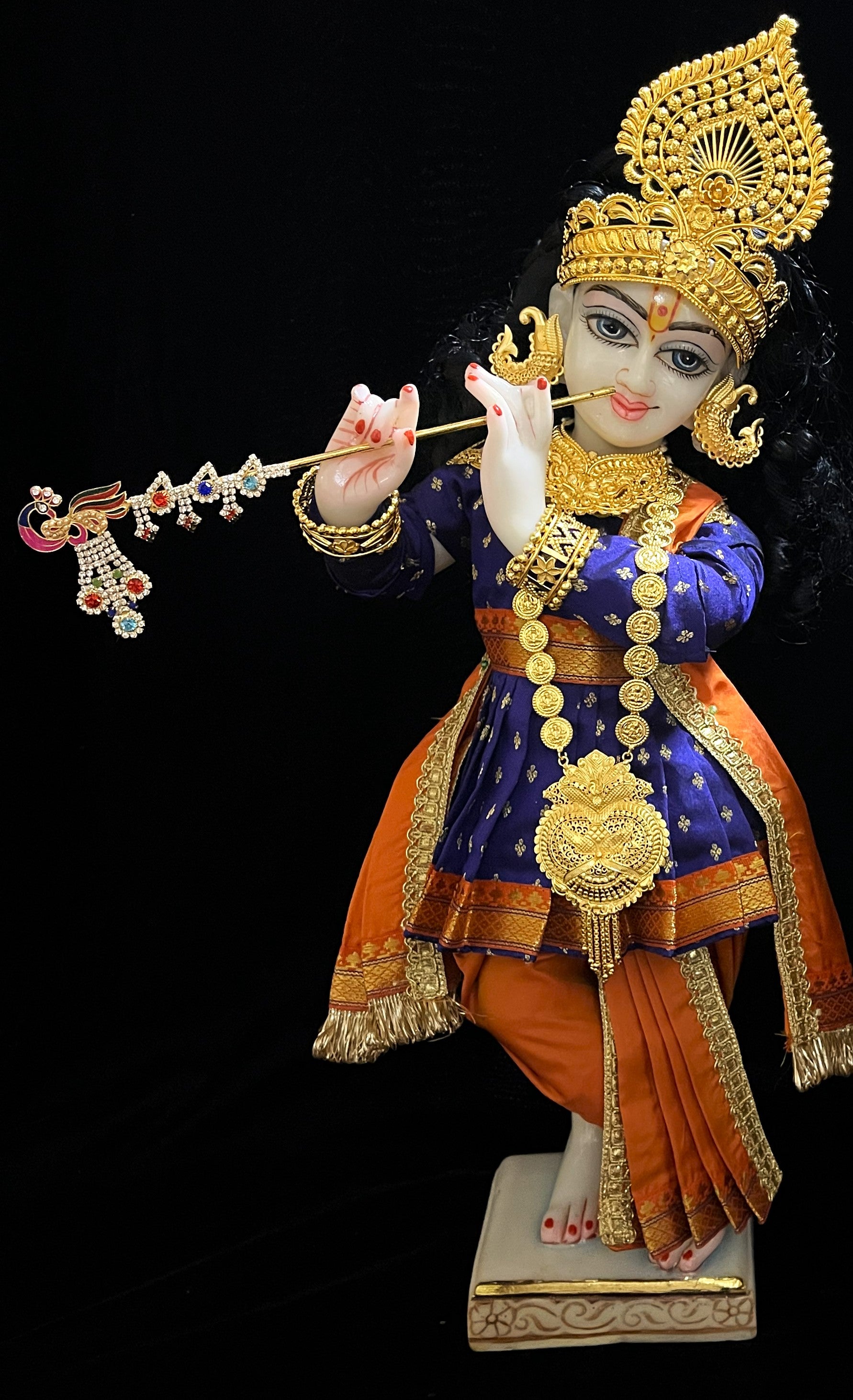 Angharkha dhoti  Patka/shalya, made of  Soft Silk with small butta Dhoti  (Pure Silk) - Dark Blue Pre stiched Angarkha with Orange Contrast and Dhoti and  Patka 3
