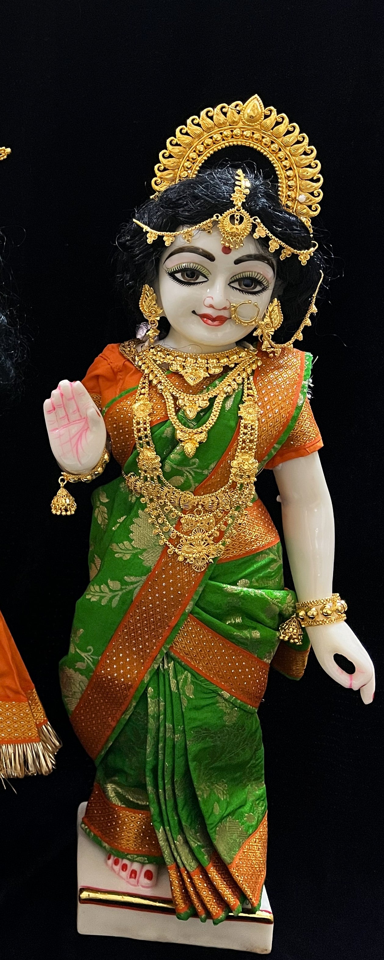 Royal Pre-Stitched Chanderi Zari Silk Devi Saree - Light Green pre plated Saree with Orange Contrast and blouse 2