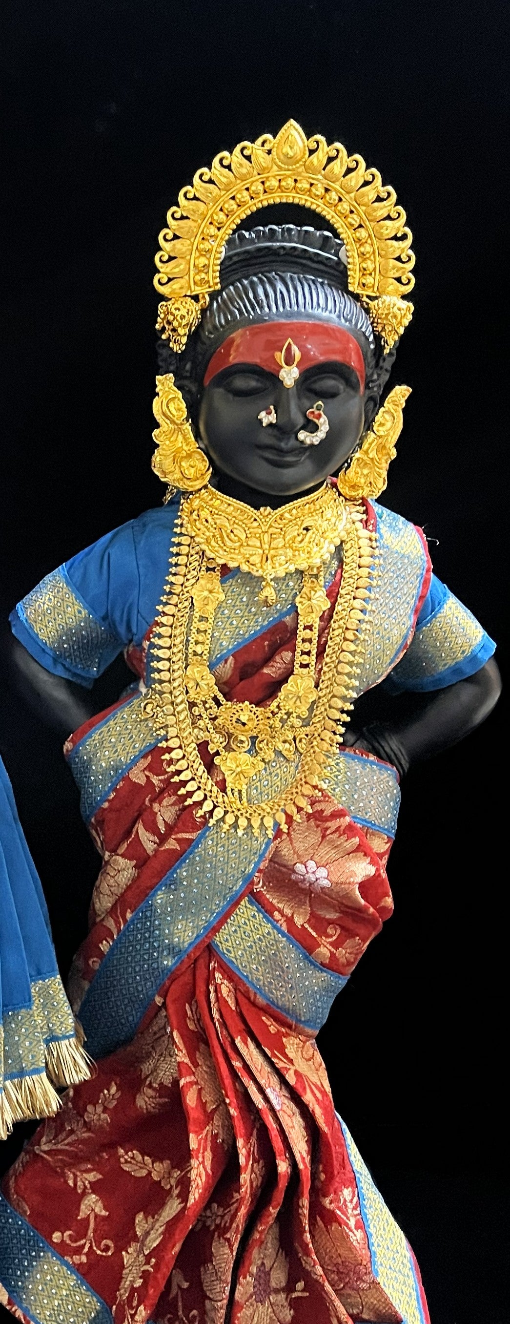 Royal Pre-Stitched Chanderi Zari Silk Devi Saree - Red pre plated Saree with Royal Blue Contrast and blouse 3