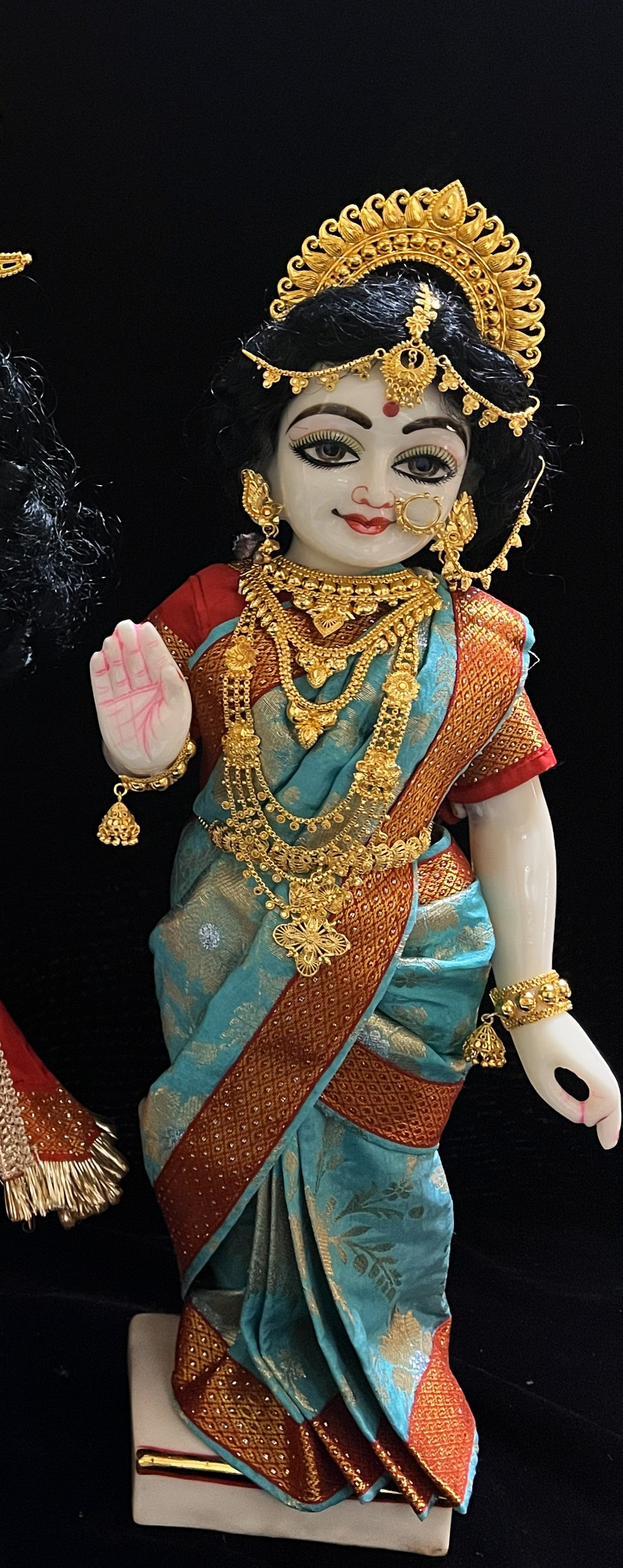 Royal Pre-Stitched Chanderi Zari Silk Devi Saree - Light Blue pre plated Saree with red Contrast and blouse 2