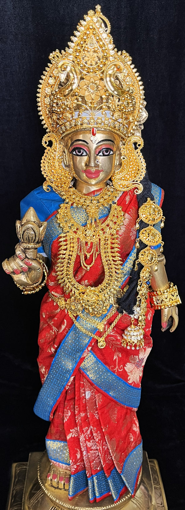 Royal Pre-Stitched Chanderi Zari Silk Devi Saree - Red pre plated Saree with Royal Blue Contrast and blouse