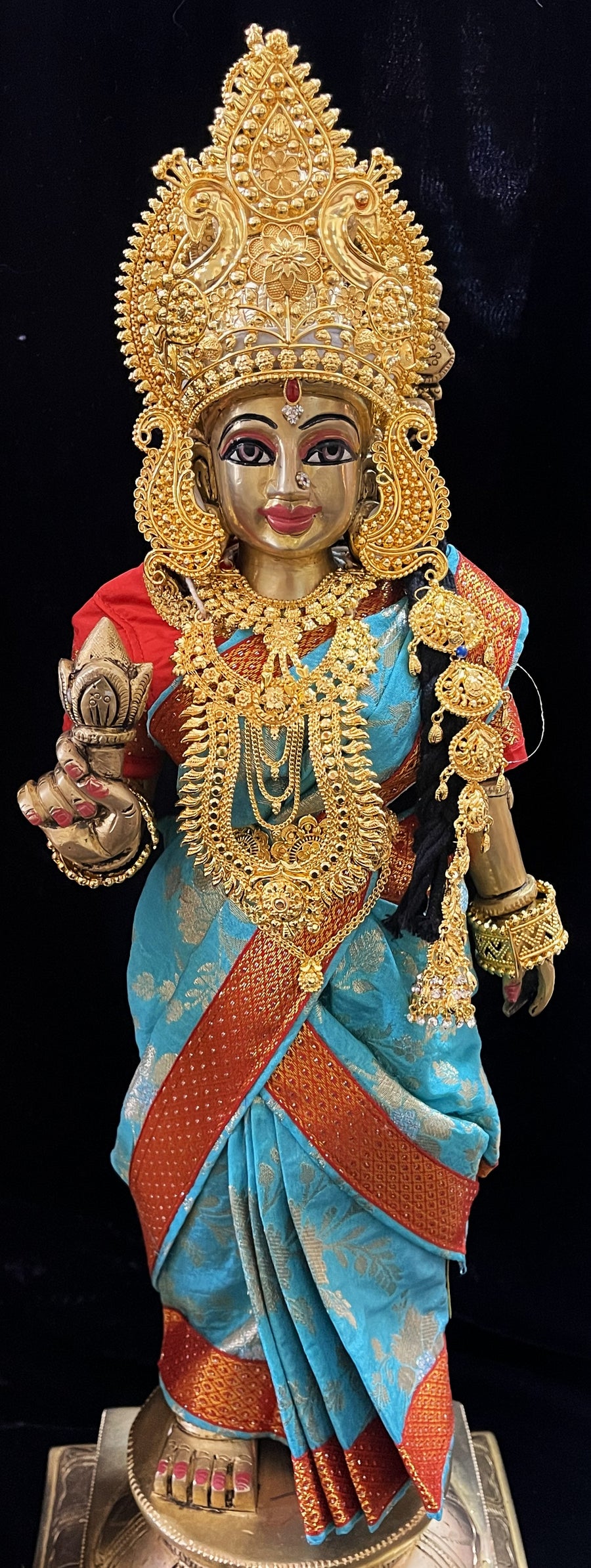 Royal Pre-Stitched Chanderi Zari Silk Devi Saree - Light Blue pre plated Saree with red Contrast and blouse