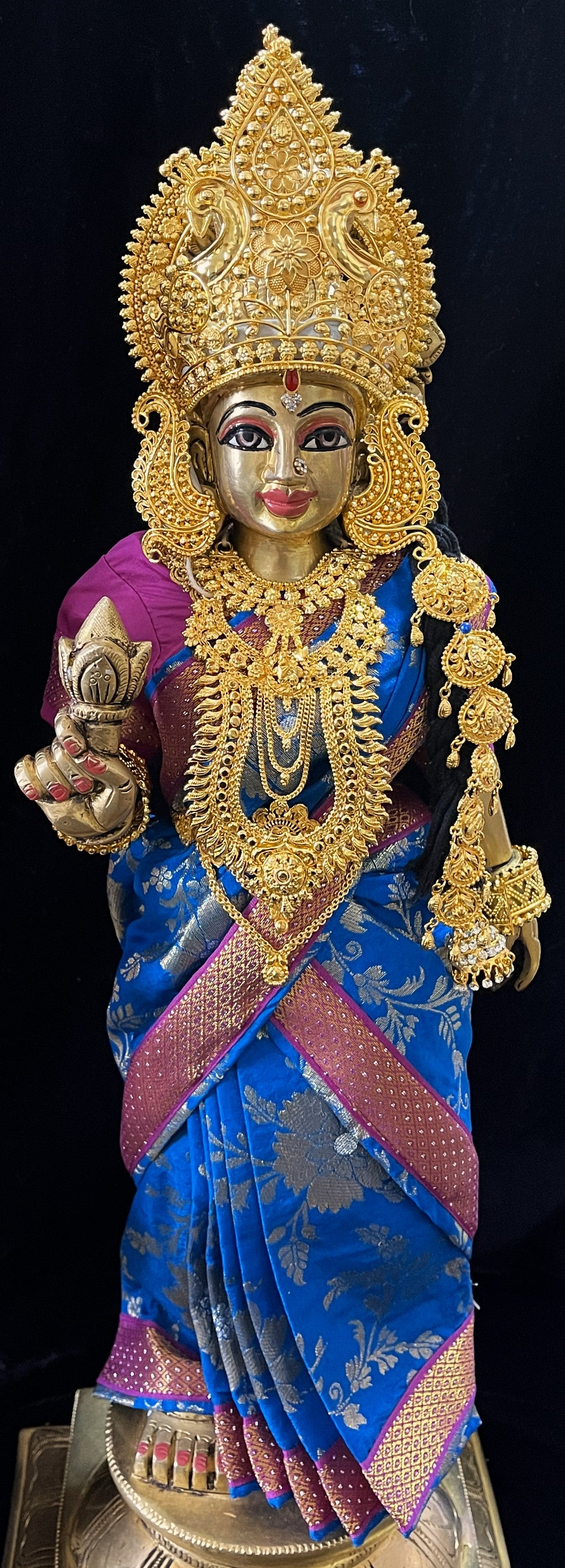 Royal Pre-Stitched Chanderi Zari Silk Devi Saree - Royal Blue pre plated Saree with Purple Contrast and blouse 1