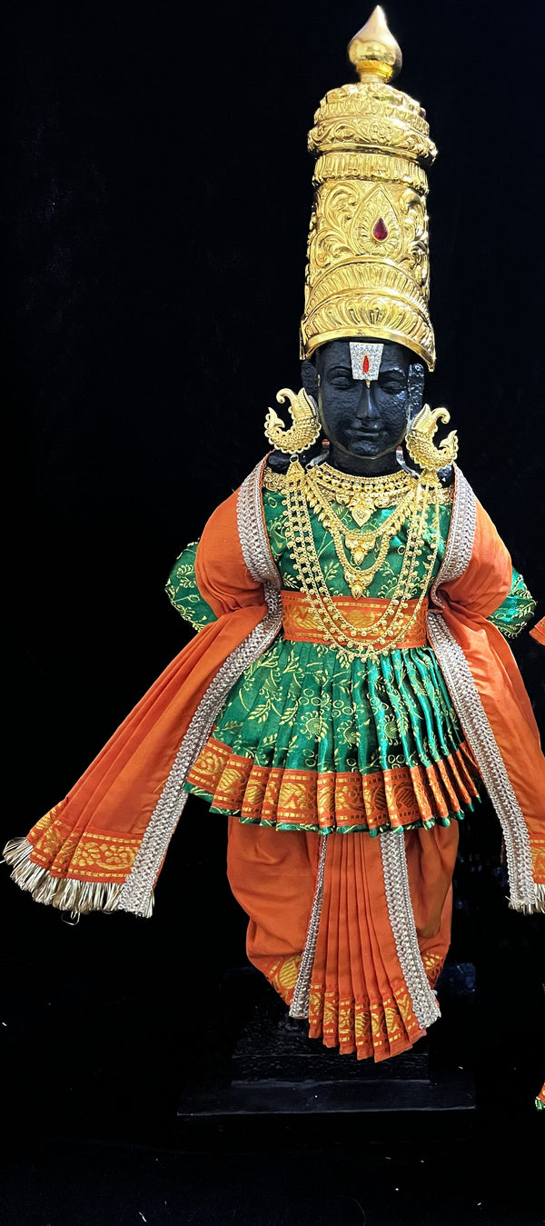 Vithhal Rukhmini dress, Ram Darbar dress, Radha krishna dress – Dhoti, Bhgavan dress, Deity Angharkha dhoti  Patka/shalya, Khes, kurta,made of  Satin Silk(not pure silk). - Green Pre Stiched Angarkha with Orange Contrast Dhoti and Shalya
