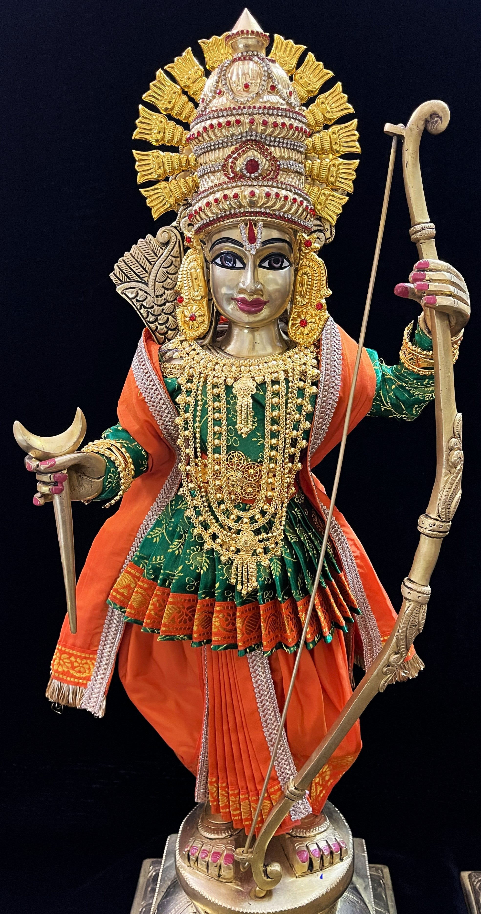 Vithhal Rukhmini dress, Ram Darbar dress, Radha krishna dress – Dhoti, Bhgavan dress, Deity Angharkha dhoti  Patka/shalya, Khes, kurta,made of  Satin Silk(not pure silk). - Green Pre Stiched Angarkha with Orange Contrast Dhoti and Shalya 3