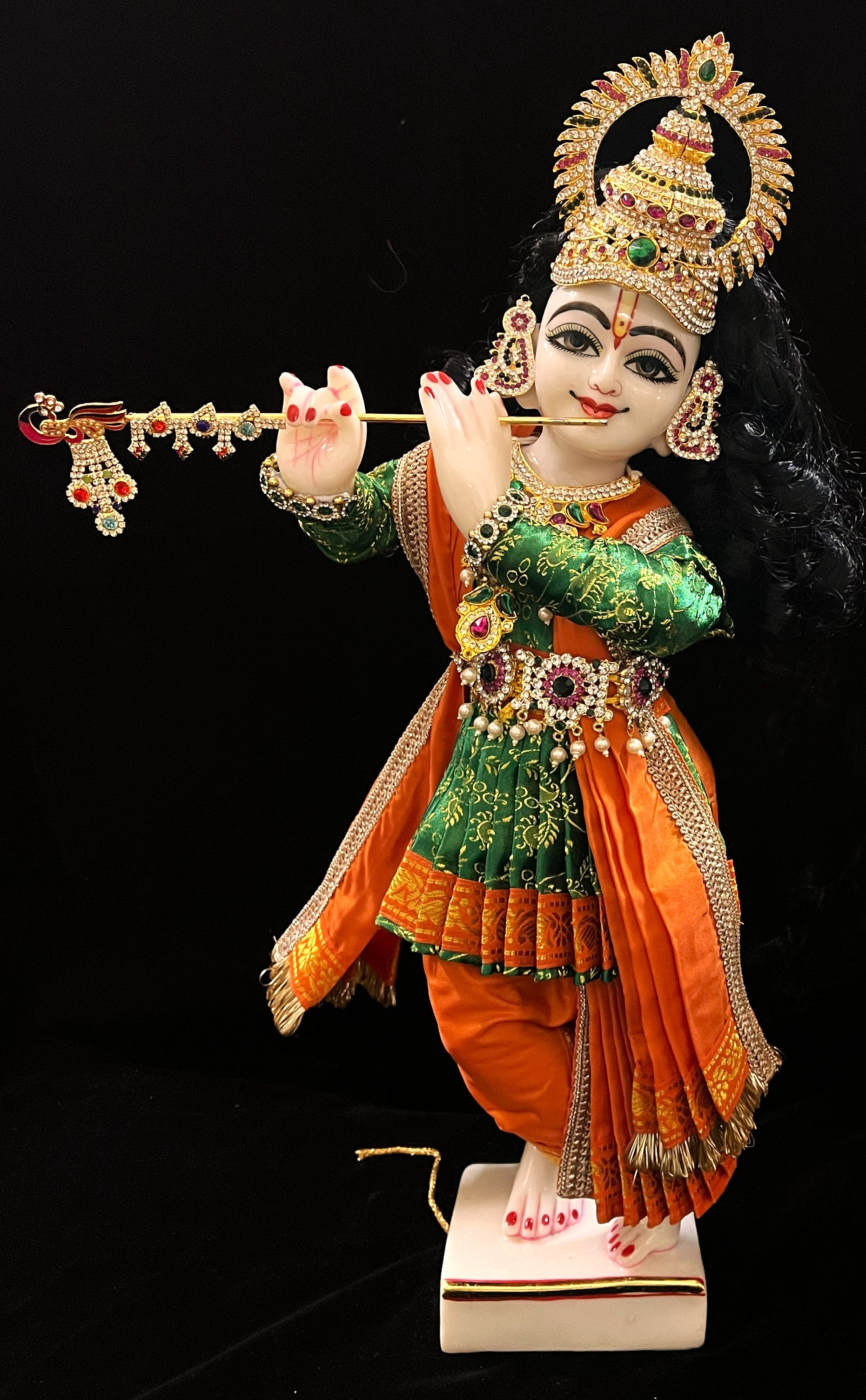 Vithhal Rukhmini dress, Ram Darbar dress, Radha krishna dress – Dhoti, Bhgavan dress, Deity Angharkha dhoti  Patka/shalya, Khes, kurta,made of  Satin Silk(not pure silk). - Green Pre Stiched Angarkha with Orange Contrast Dhoti and Shalya