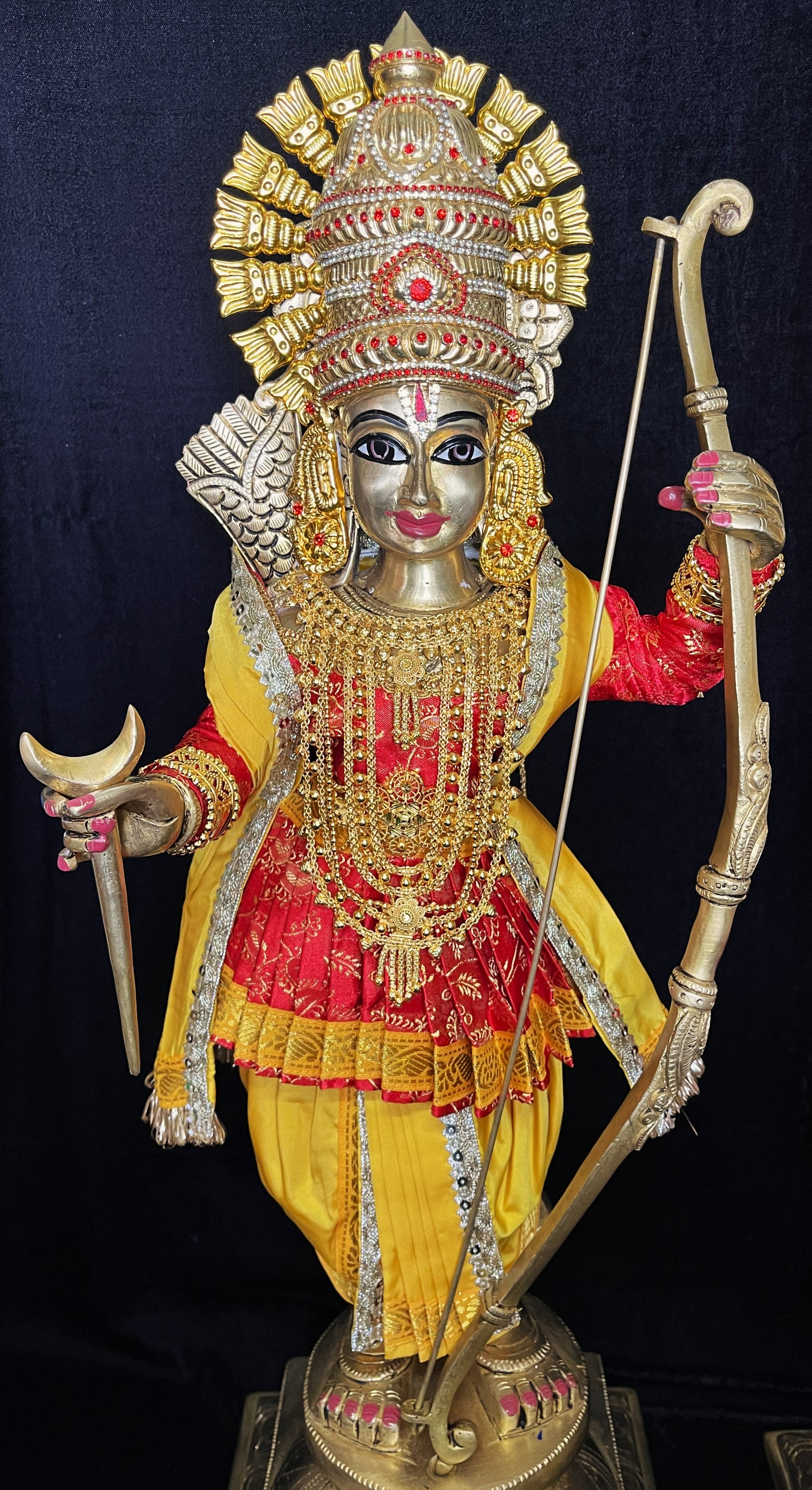 Vithhal Rukhmini dress, Ram Darbar dress, Radha krishna dress – Dhoti, Bhgavan dress, Deity Angharkha dhoti  Patka/shalya, Khes, kurta,made of  Satin Silk(not pure silk). - Red Pre Stiched Angarkha with Yellow Contrast Dhoti and Shalya
