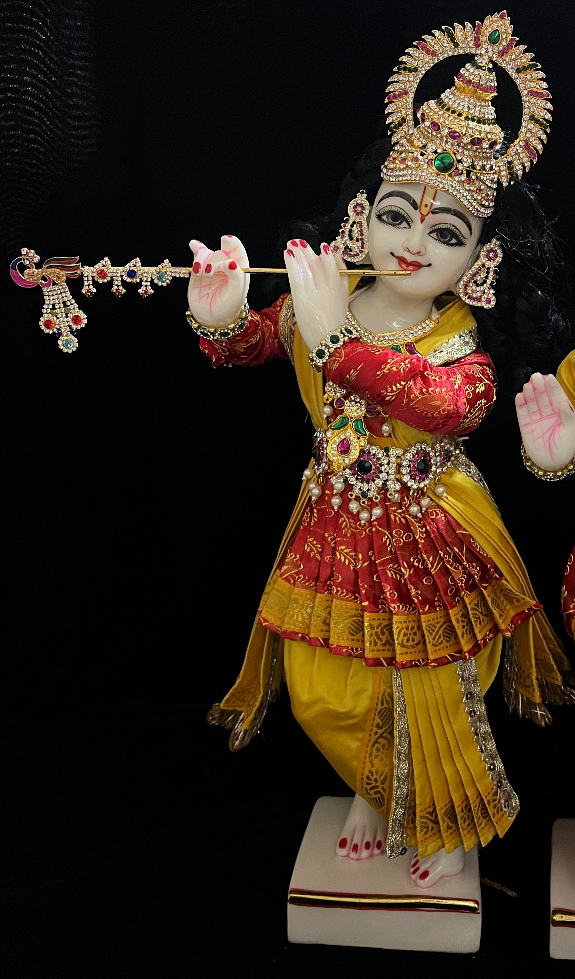 Vithhal Rukhmini dress, Ram Darbar dress, Radha krishna dress – Dhoti, Bhgavan dress, Deity Angharkha dhoti  Patka/shalya, Khes, kurta,made of  Satin Silk(not pure silk). - Red Pre Stiched Angarkha with Yellow Contrast Dhoti and Shalya