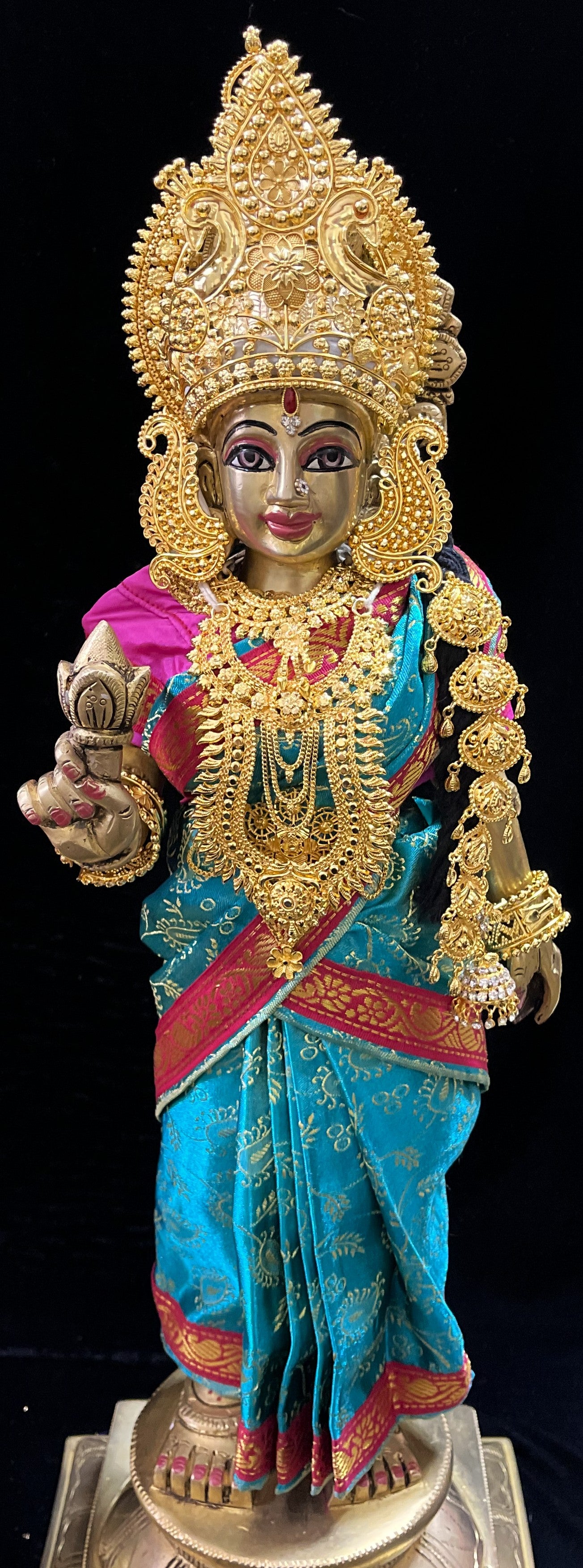 Amman Pavadai, Ammavaru Saree, Vitthal Rukhmini Vastra, Ram Sita Poshak, Radha Krishna Dress, Radha Rani Poshak for Standing Idol, pre-stiched Sadi , Made of  Satin Silk (not pure silk) - Rama Blue pre-pleated Saree with Pink Contrast and blouse