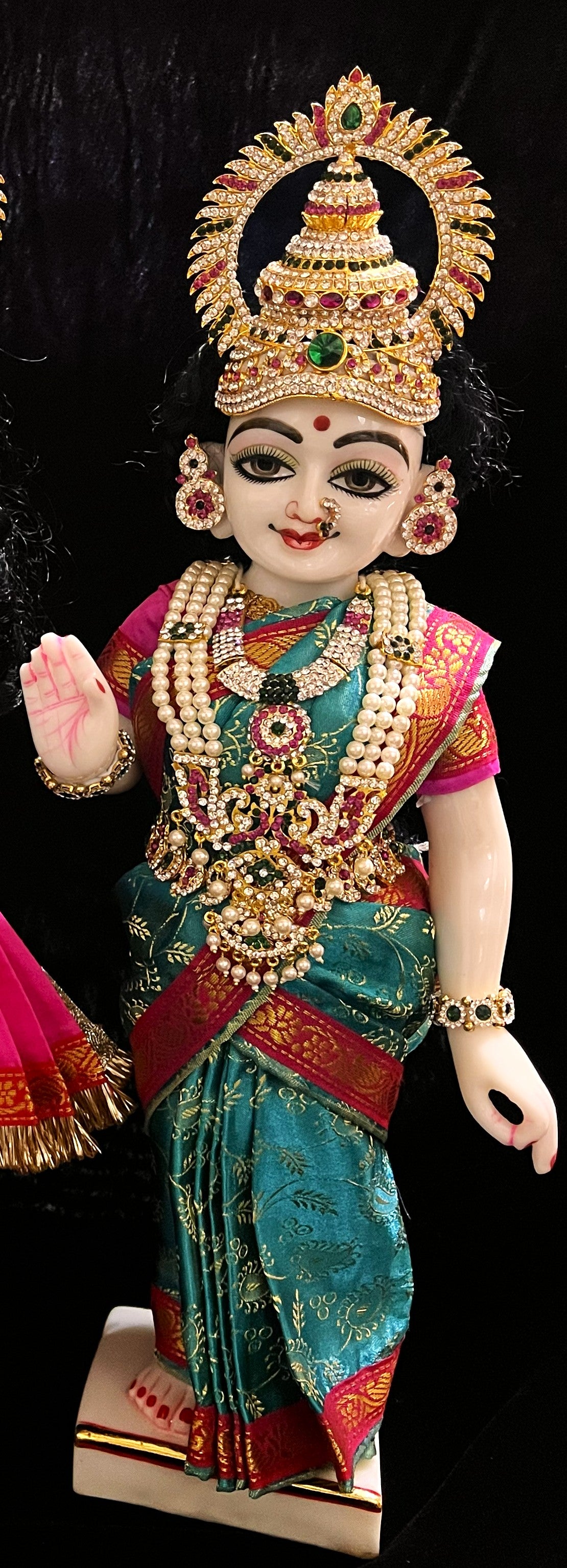 Amman Pavadai, Ammavaru Saree, Vitthal Rukhmini Vastra, Ram Sita Poshak, Radha Krishna Dress, Radha Rani Poshak for Standing Idol, pre-stiched Sadi , Made of  Satin Silk (not pure silk) - Rama Blue pre-pleated Saree with Pink Contrast and blouse 1