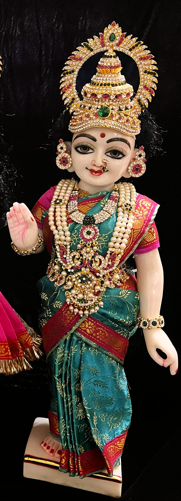 Amman Pavadai, Ammavaru Saree, Vitthal Rukhmini Vastra, Ram Sita Poshak, Radha Krishna Dress, Radha Rani Poshak for Standing Idol, pre-stiched Sadi , Made of  Satin Silk (not pure silk) - Rama Blue pre-pleated Saree with Pink Contrast and blouse
